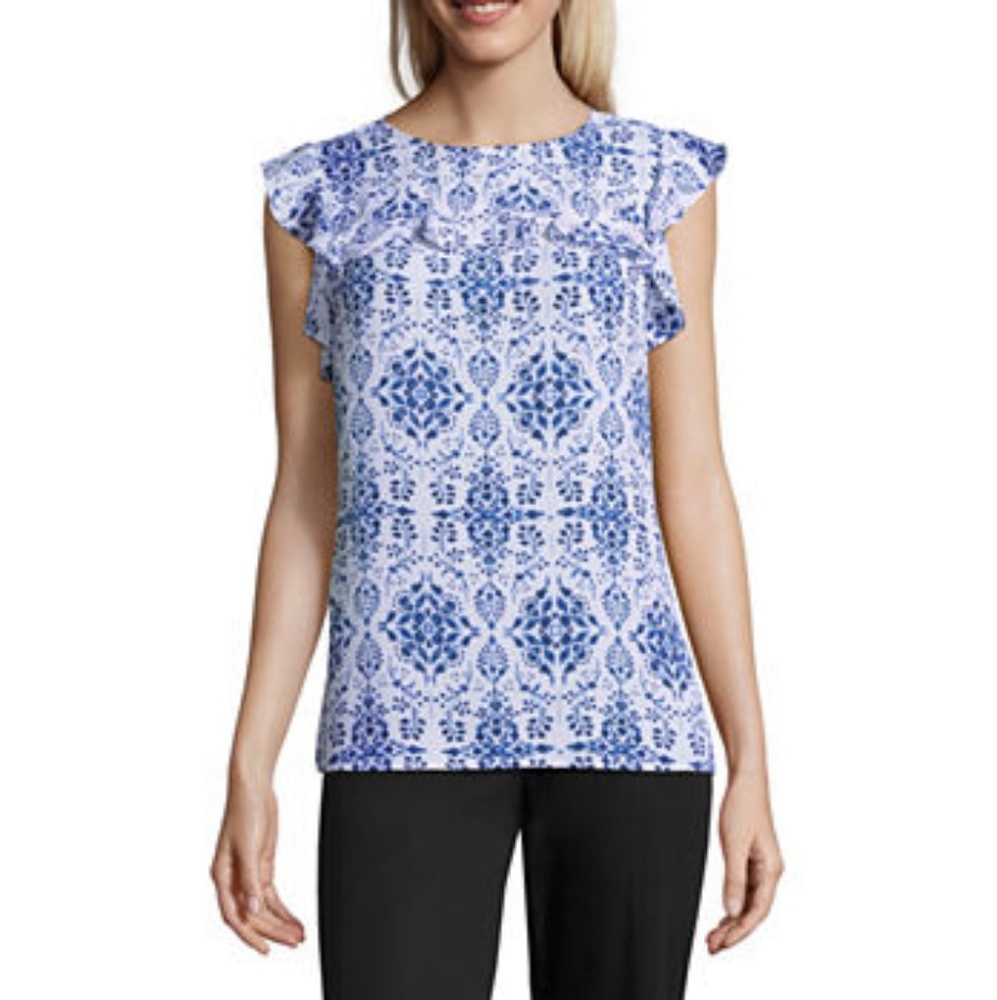 Worthington Blue and White Ruffle Tank Shirt